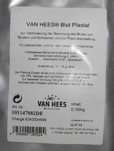 H1VH0129 Van Hees Kutterhilfe Blut-Plastal Beutel = 150 g