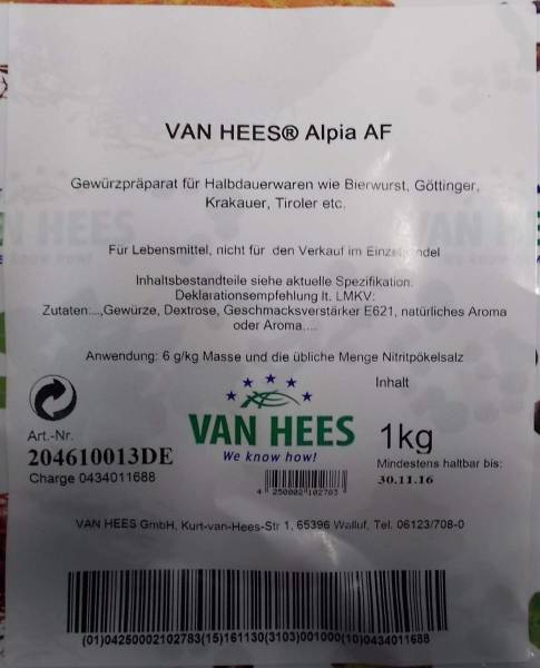 H2VH0043 Van Hees Alpia Bierwurst Beutel = 1 kg