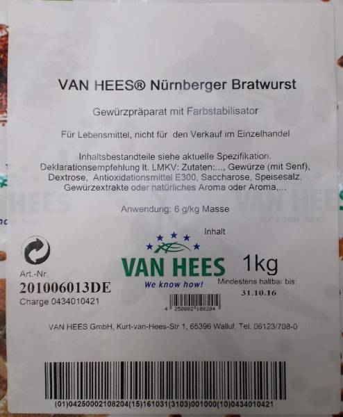 H2VH0047 Van Hees Nürnberger Bratwurst Beutel = 1 kg